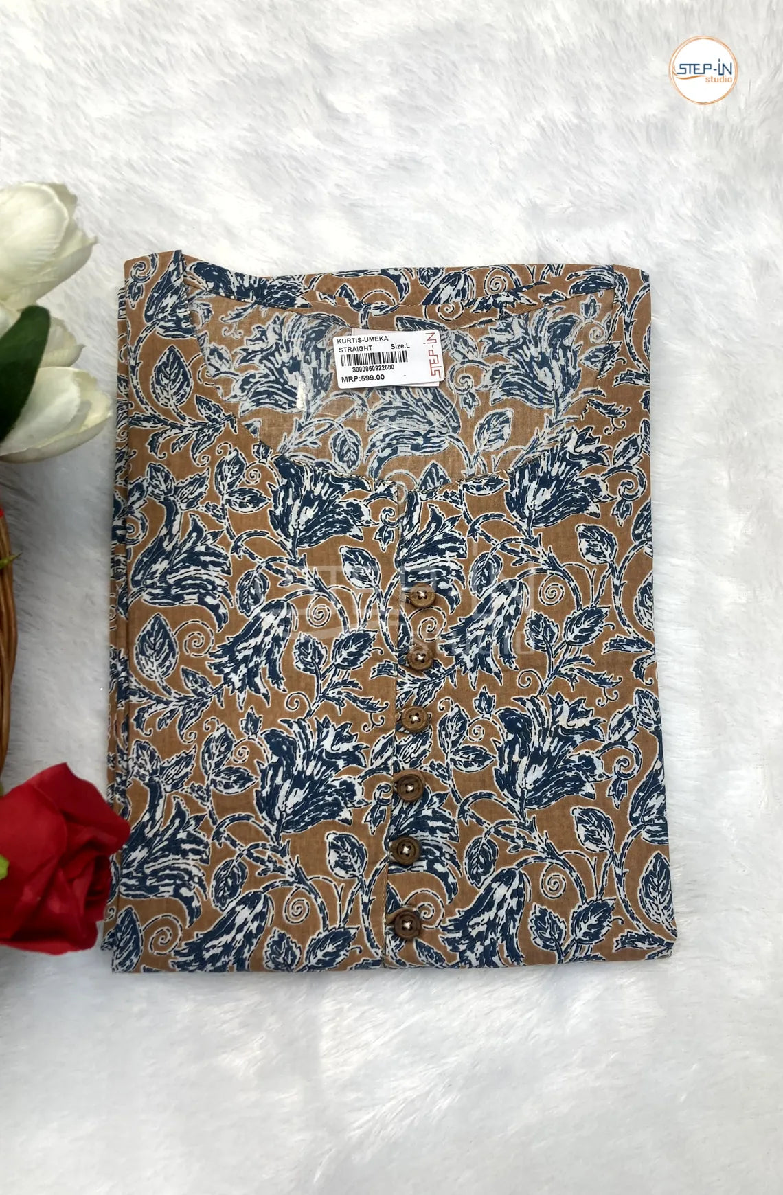 Floral Printed Soft Cotton Top - Pale Gold & Black