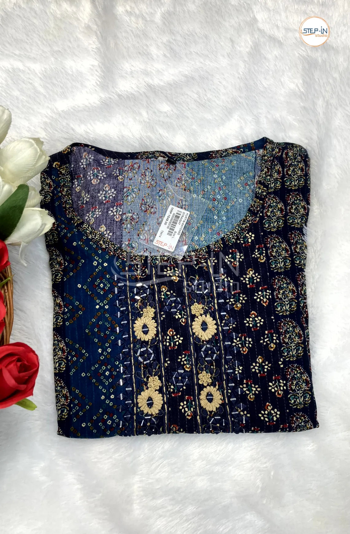 Floral Printed Stone Work Top - Dark Blue