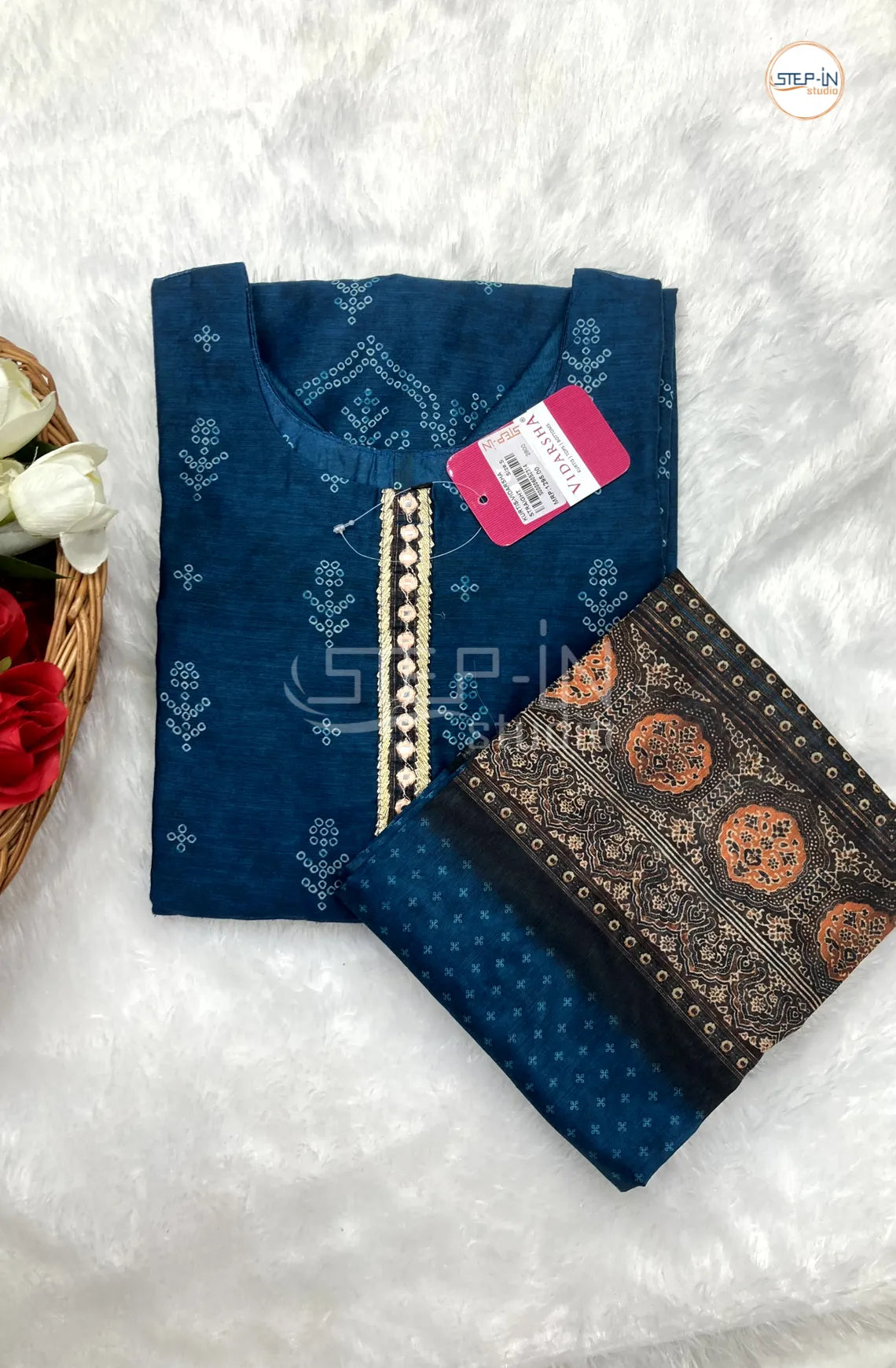 Floral Printed Top with Shawl - Dark Methyl Blue