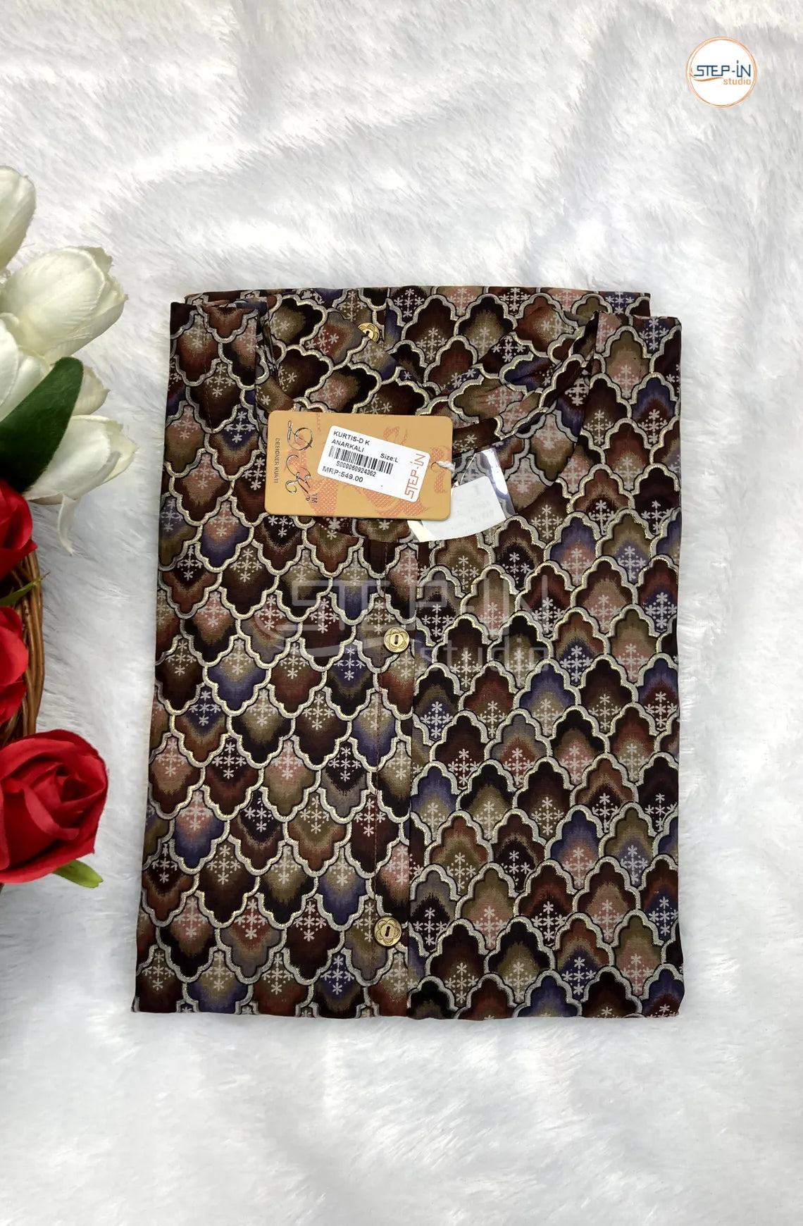 Floral Quatrefoil Printed Top - Brown & Taupe