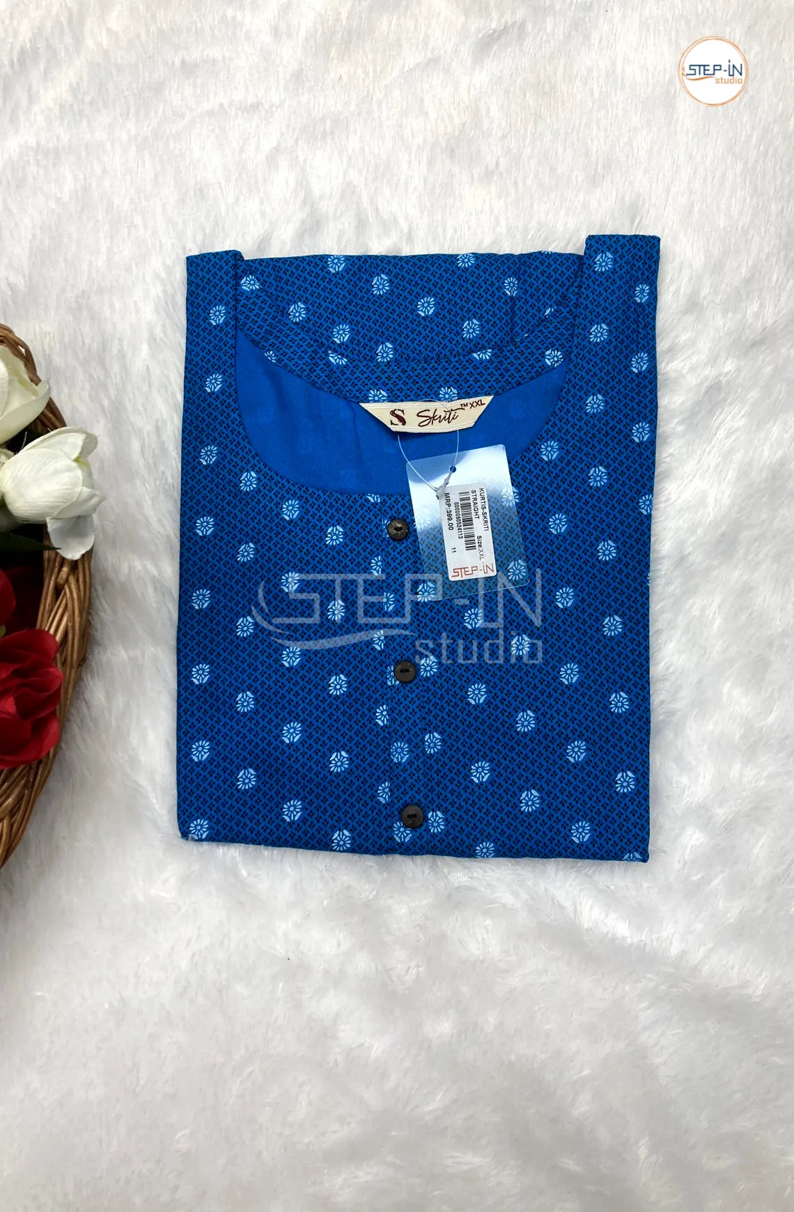 Floral White Flower Printed Top - Aegean Blue