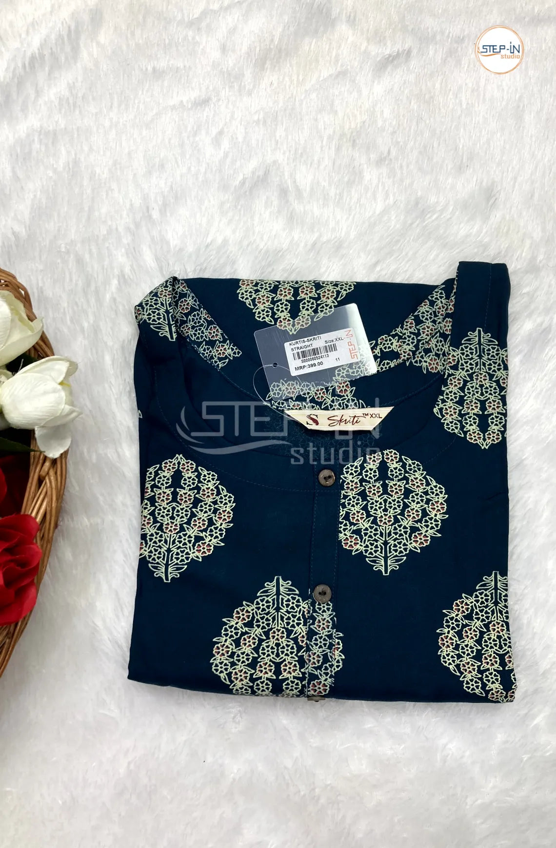 Floral White Flower Printed Top - Dark Military Blue