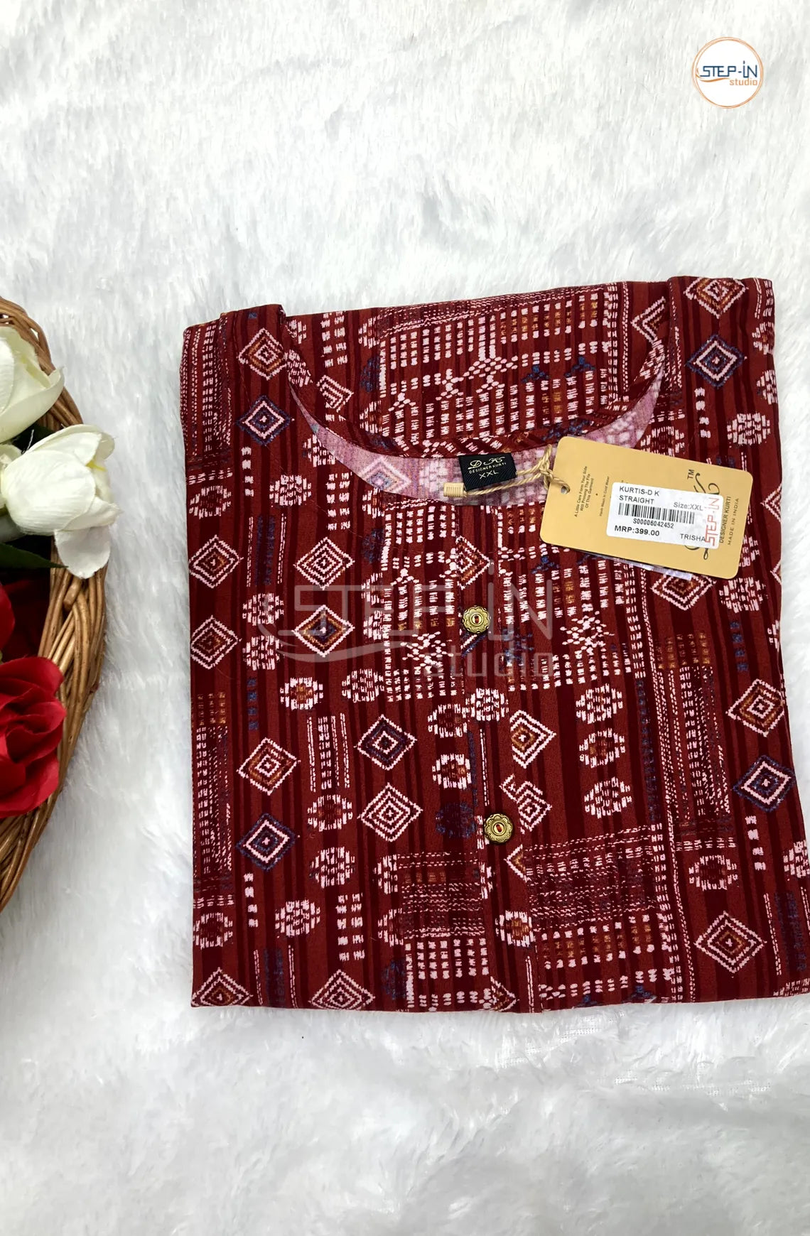 Floral White Ikat Printed Cotton Top - Maroon