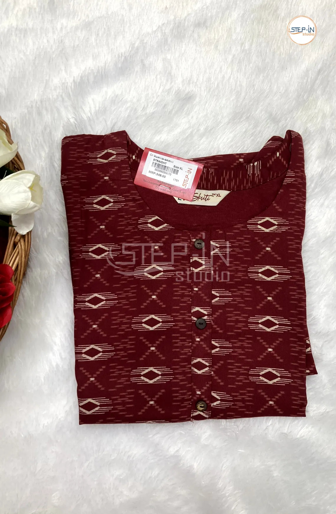 Floral White Printed Cotton Top - Maroon