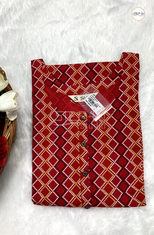 Floral Argyle Printed Cotton Top - Red