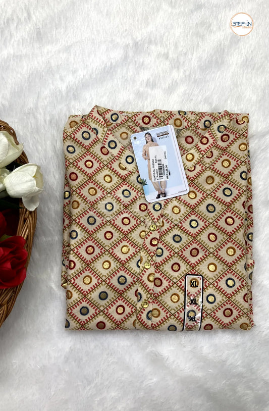 Floral Checked Mandarin Collor Top - Beige