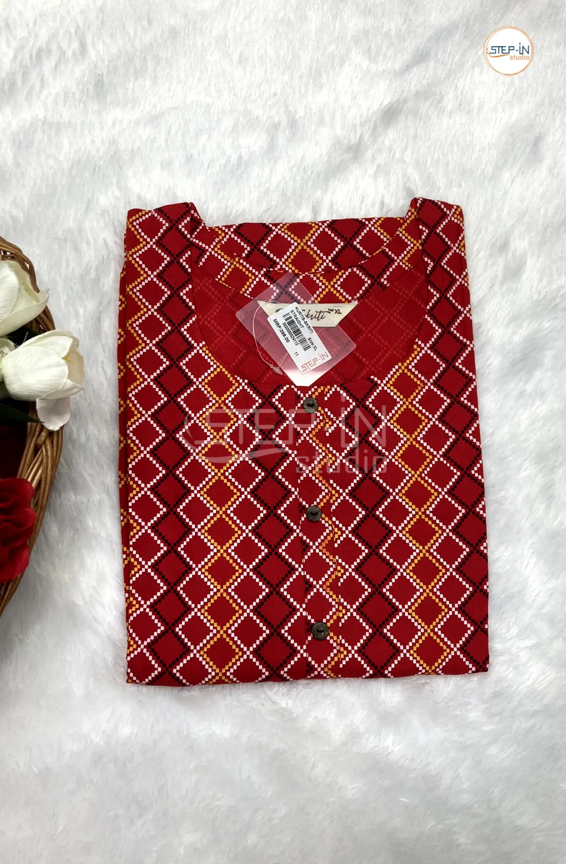 Floral Checked Printed Top - Red & White