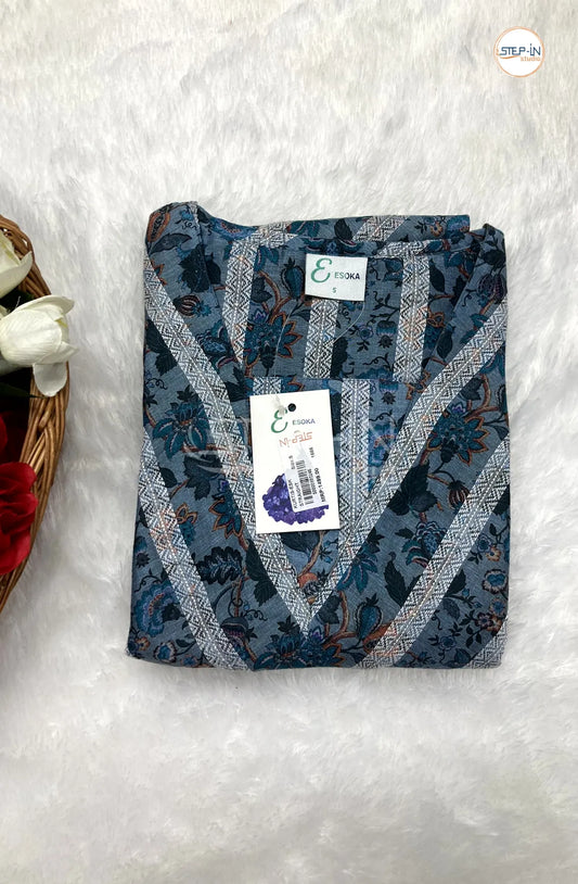 Floral Chevron & Flower Printed Top - Navy Blue