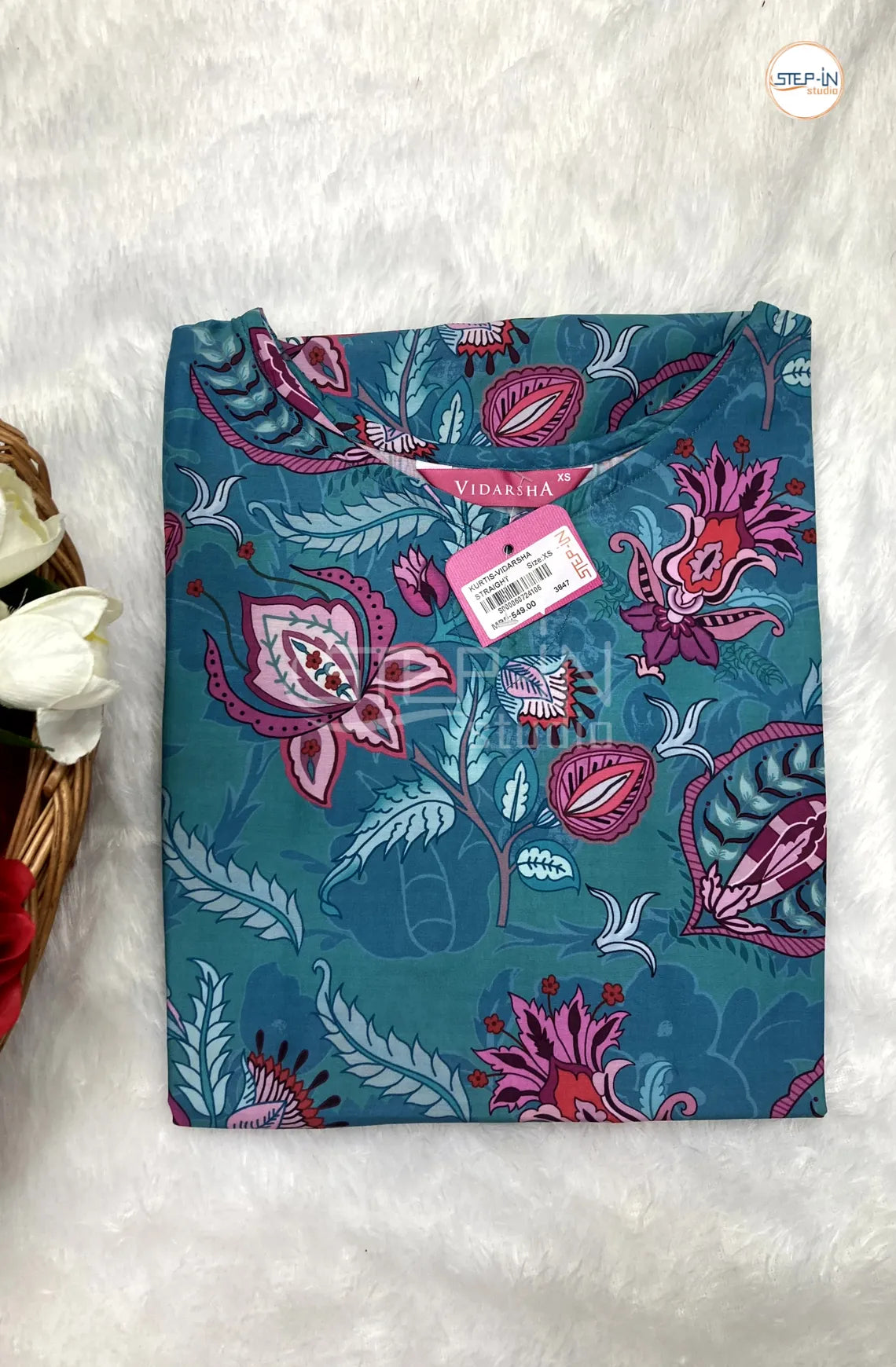 Floral Digital Flower Printed Top - Mallard Blue