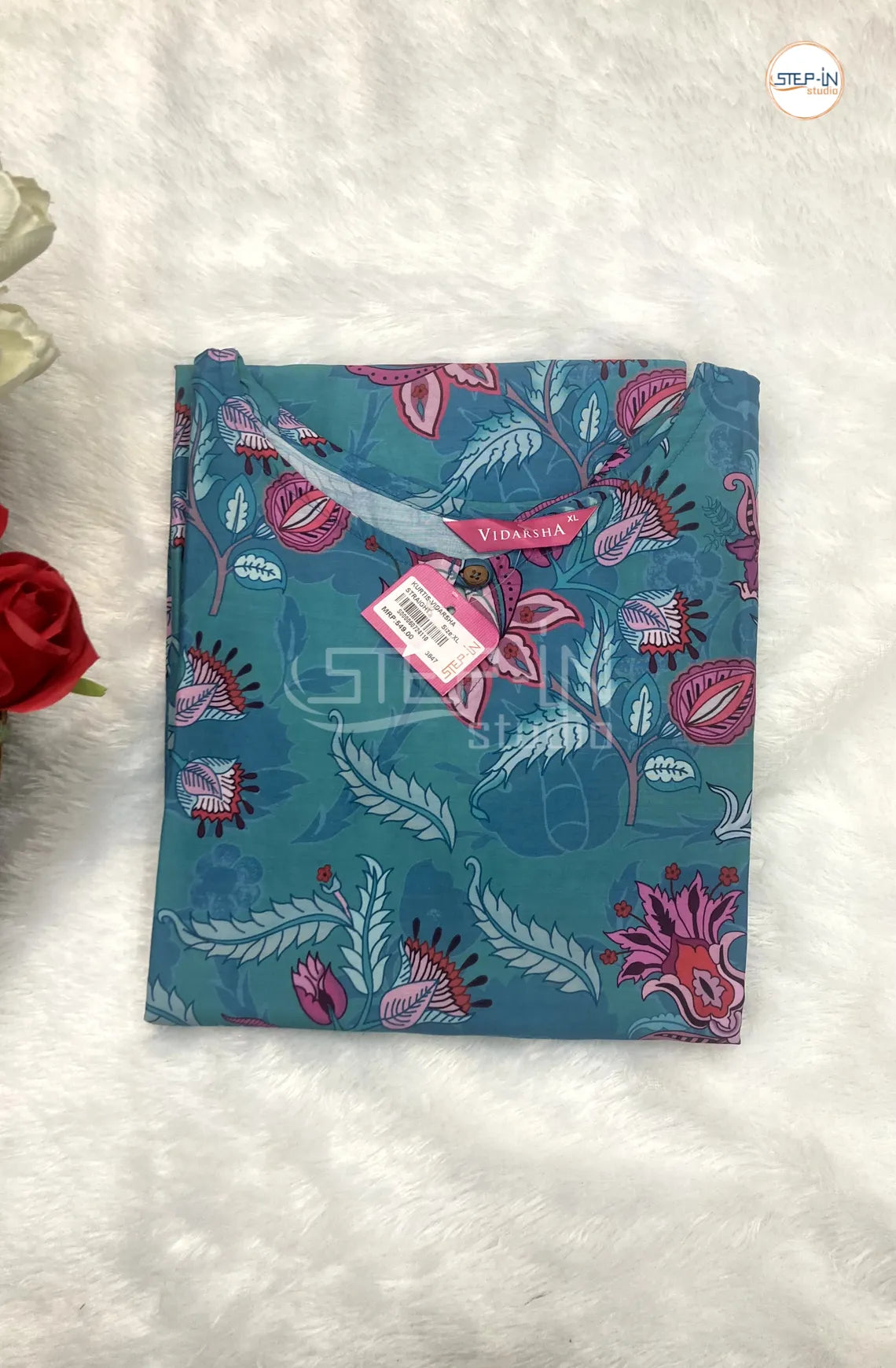 Floral Digital Flower Printed Top - Teal Dark Blue