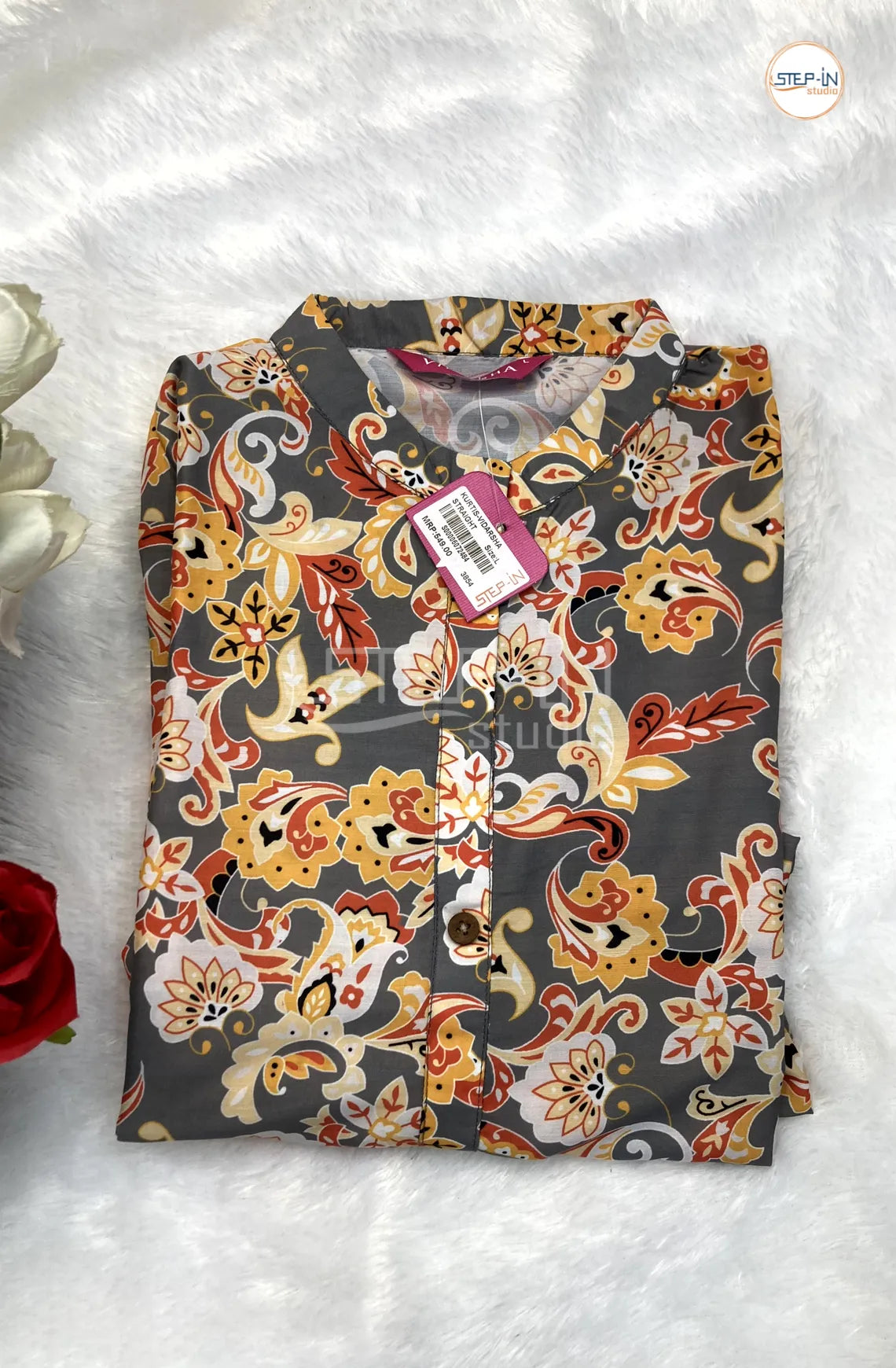 Floral Digital Printed Collor Top - Metal Grey