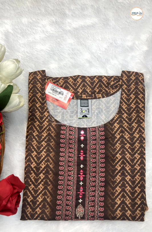 Floral Digital Printed Mirror Work Top - Friar Brown