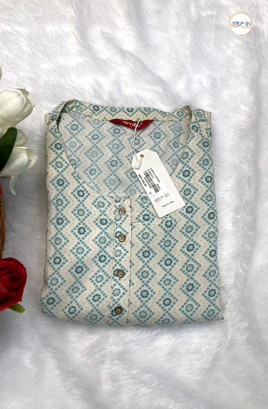 Floral Digital Printed Top -White & Sky Blue