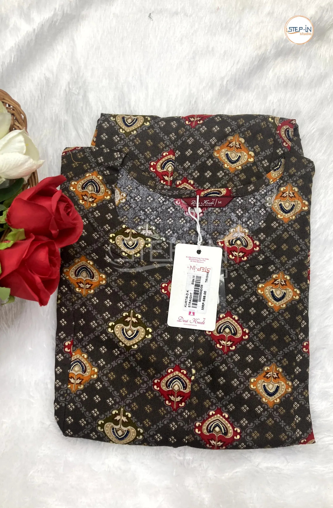 Floral Fleur De Lys Printed Top - Brown