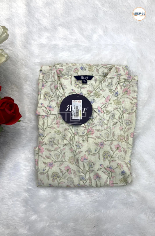 Floral Flower Printed Coller Neck Top - Off White & Light Pink