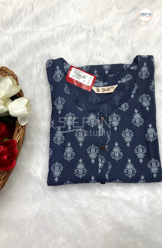 Floral Flower Printed Cotton Top - Dark Slate Blue
