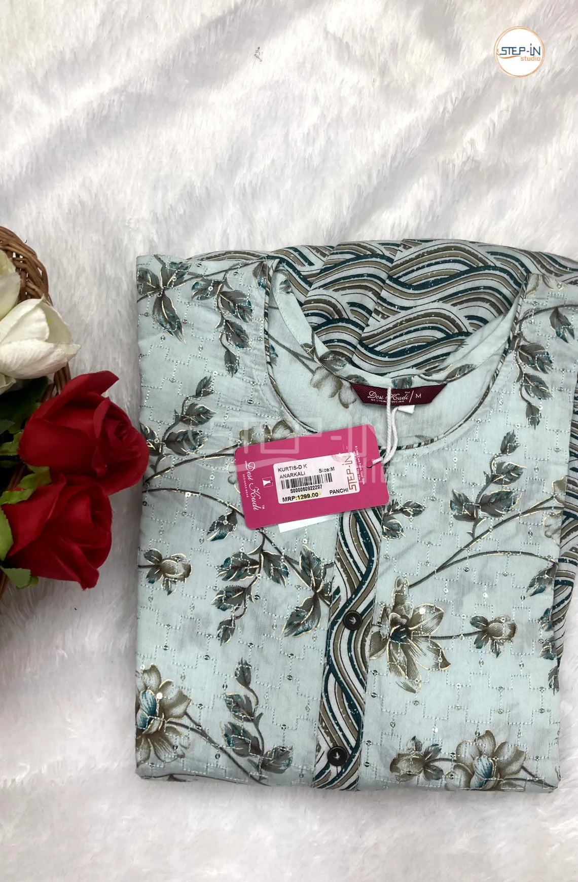 Floral Flower Printed Cotton Top - Mineral Ice Blue