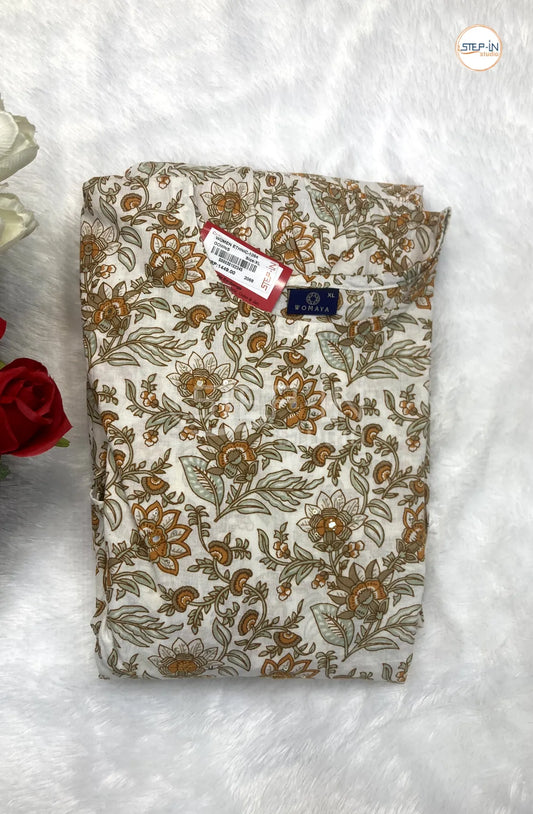 Floral Flower Printed Mirror Work Cotton Top- White