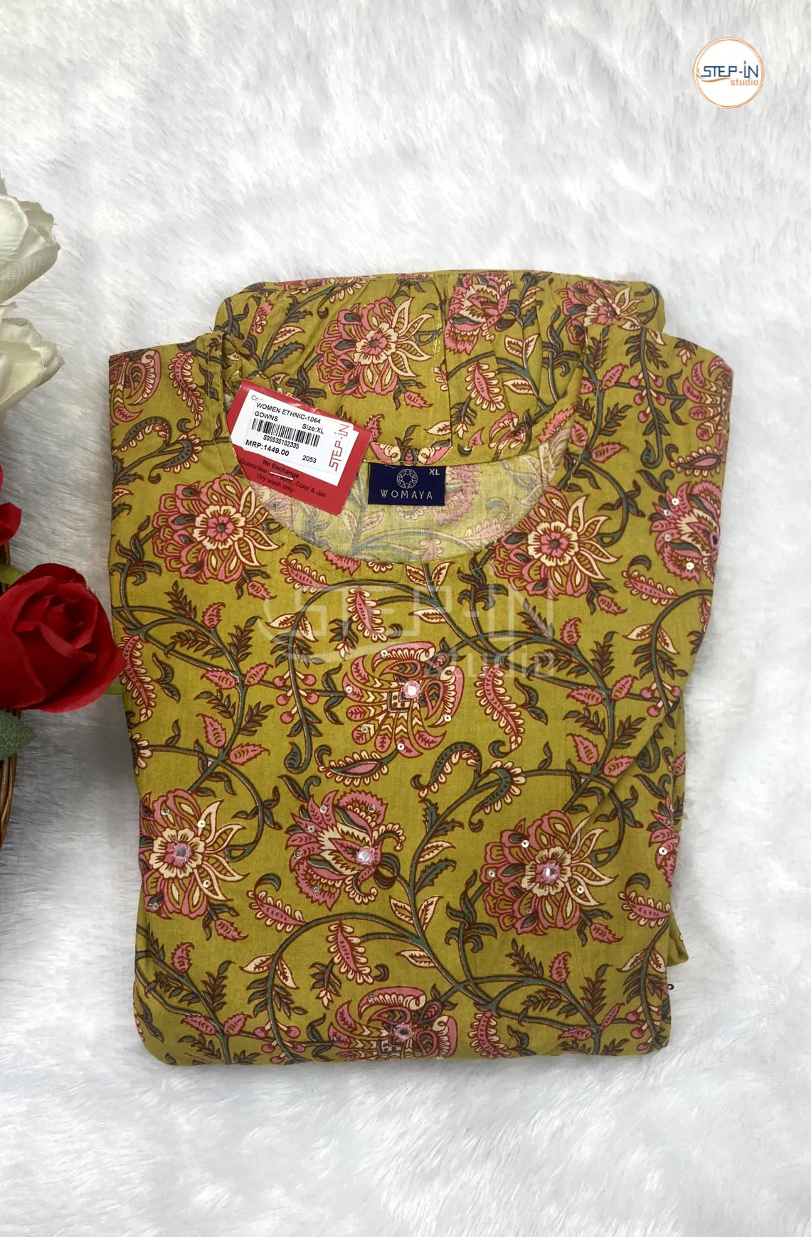 Floral Flower Printed Mirror Work Cotton Top- Yellow Green