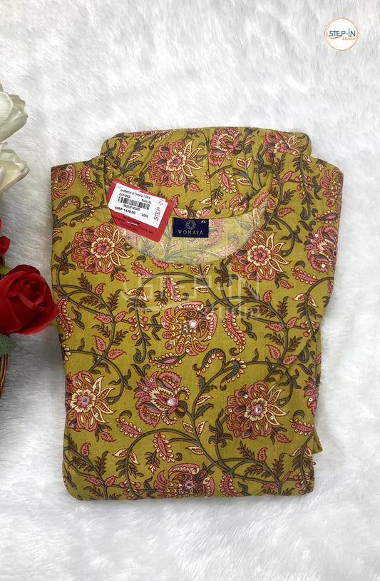 Floral Flower Printed Mirror Work Cotton Top- Yellow Green