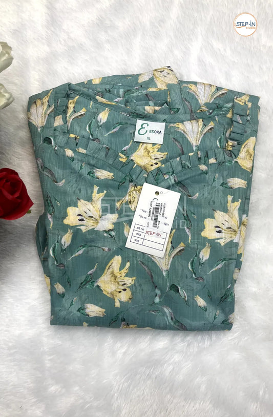 Floral Flower Printed Neck Design Top -Dark sea green