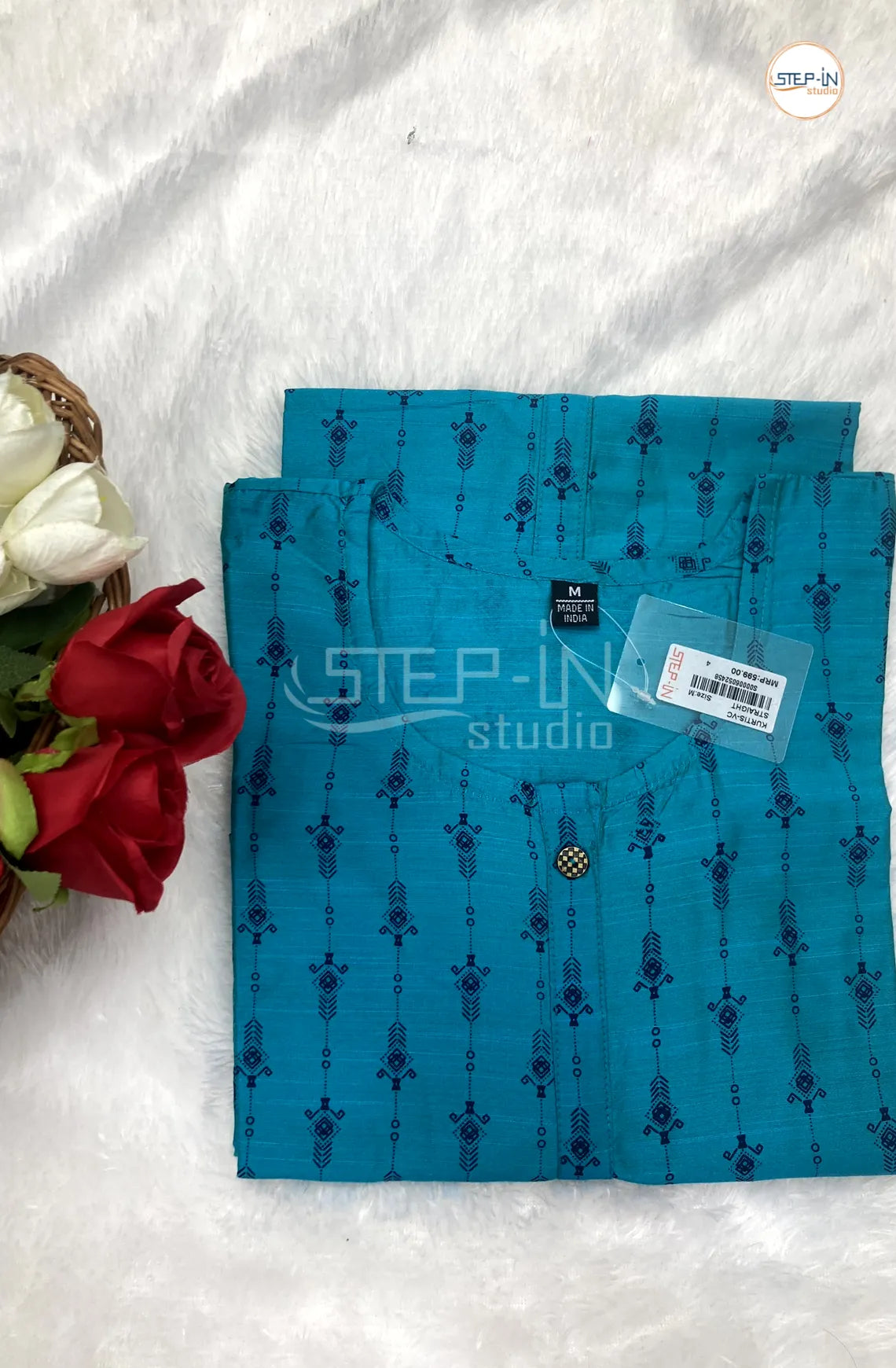 Floral Flower Printed Top - Dark Lagoon Blue