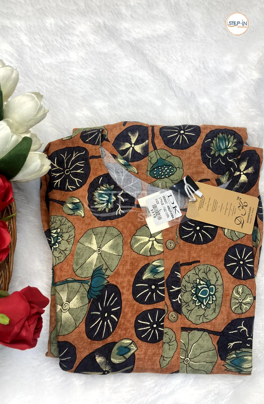 Floral Flower Printed Top - Mustard & Brown