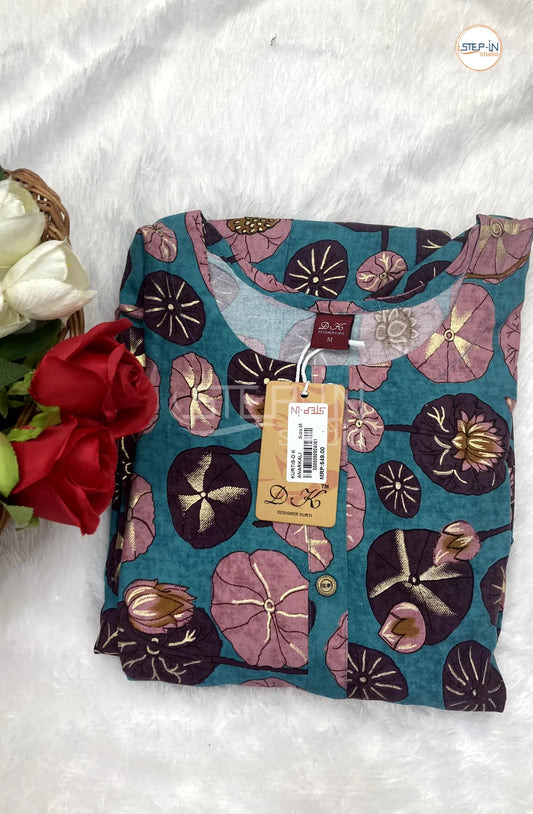 Floral Flower Printed Top - Tornado Blue & Brown