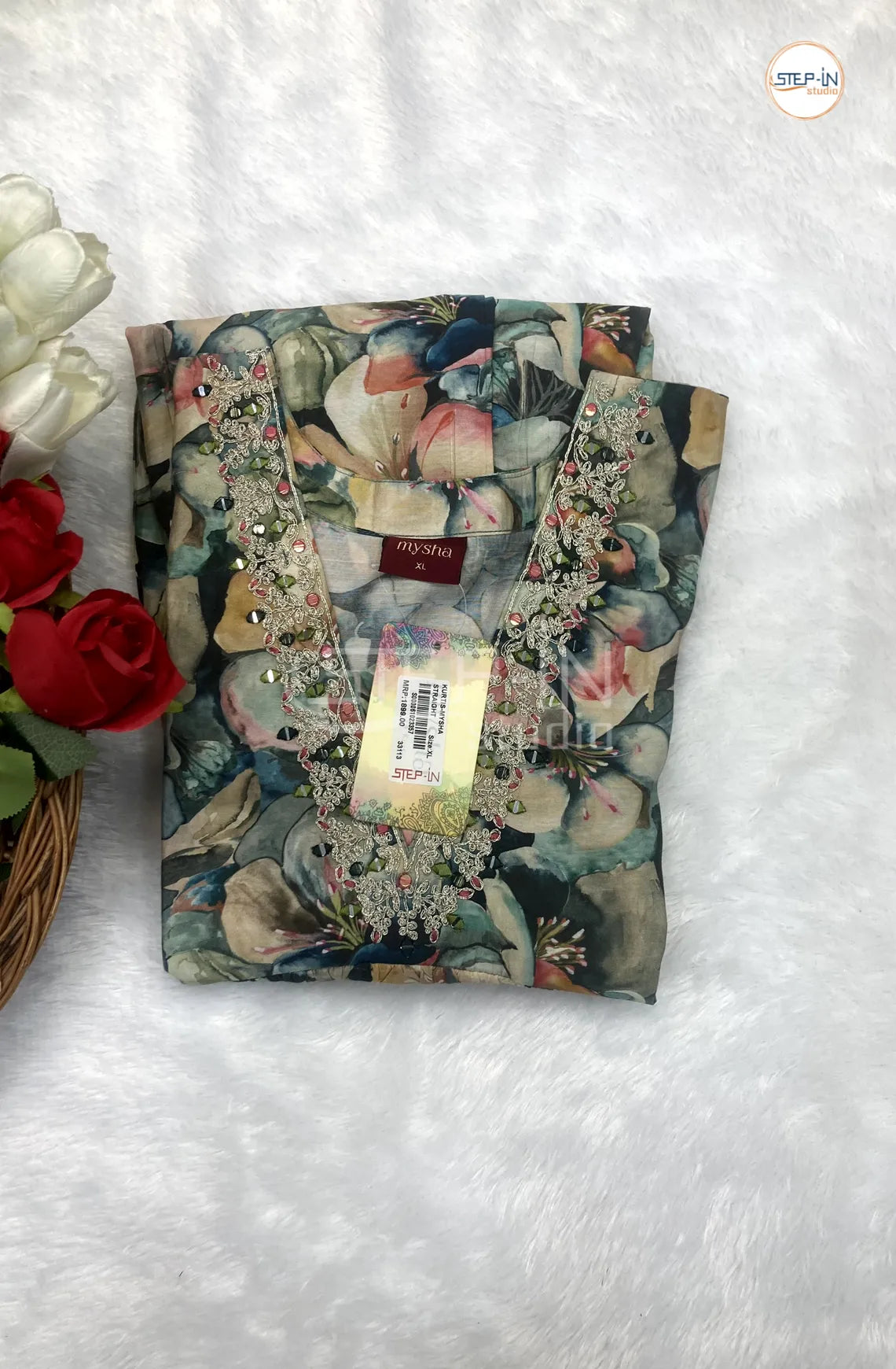 Floral Flower Printed V Neck Work Top - Green & Grey