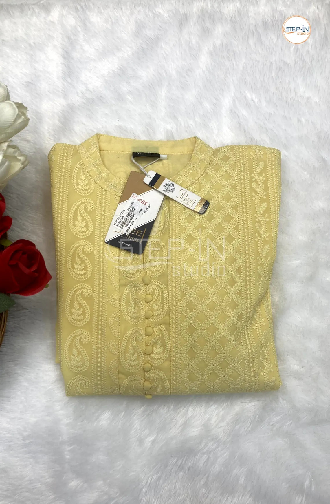Floral Full Embroiderd Mandarin Collor Top -Light yellow