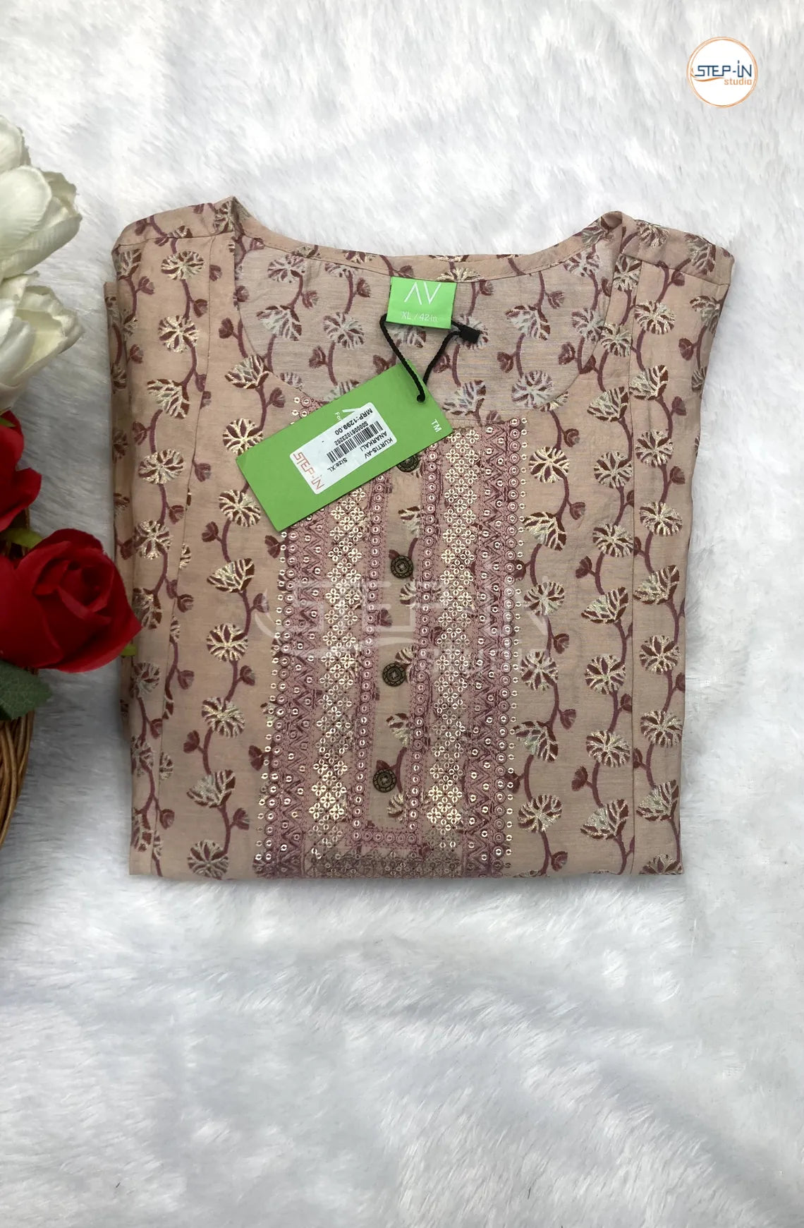 Floral Full Golden Embroiderd Top - Beige