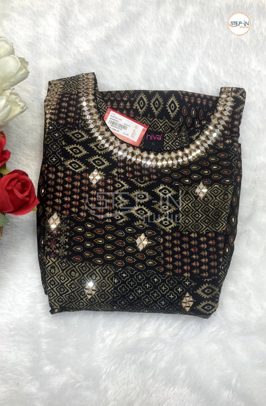 Floral Geometric Printed Mirror Work Top - Black