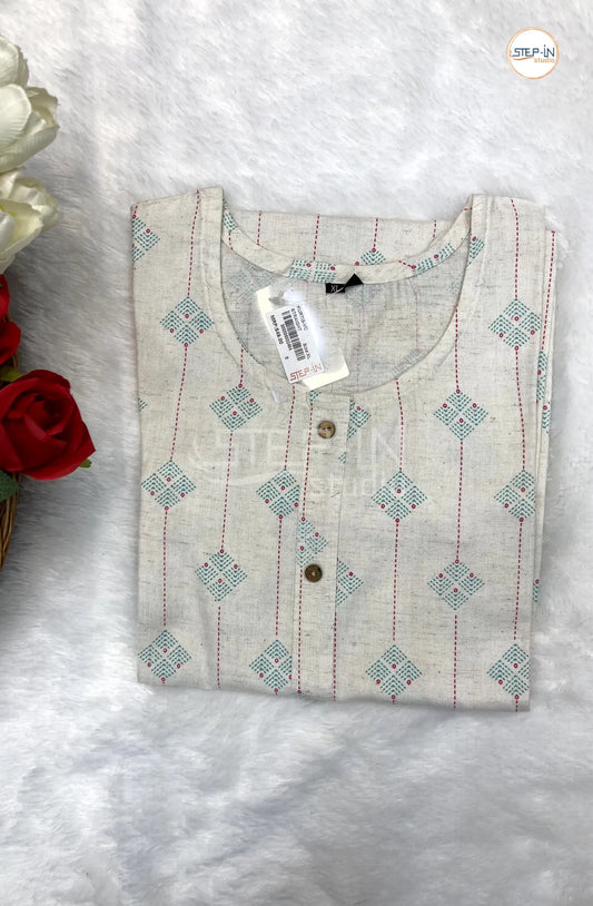 Floral Geometric Printed Top - White & Light Blue