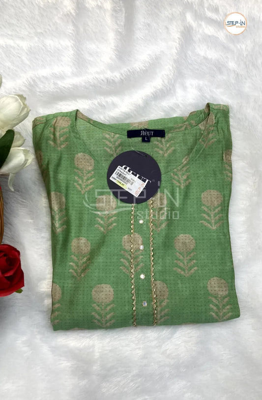 Floral Gold Flower Printed Top - Light Green