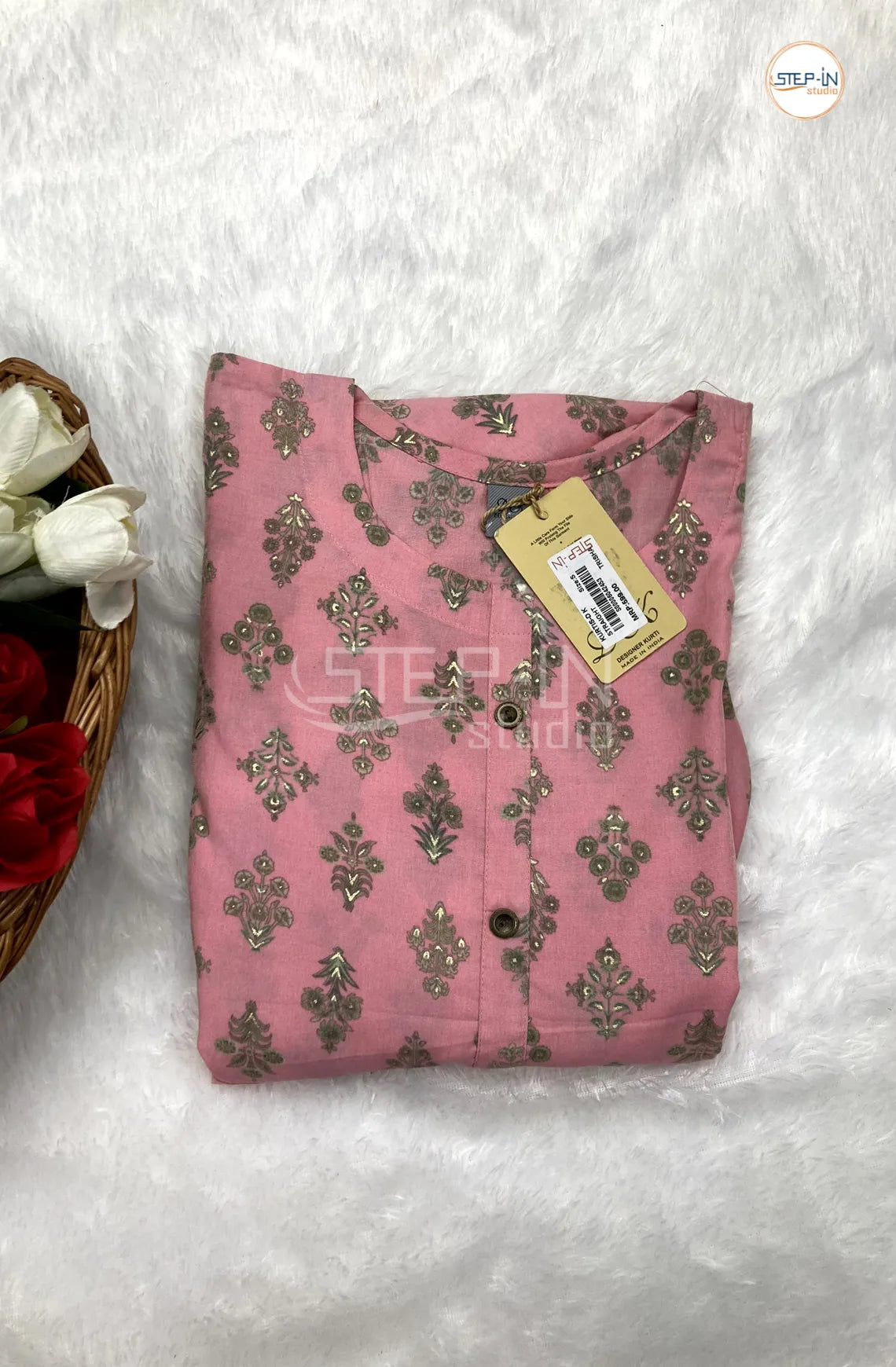 Floral Gold Printed Cotton Top - Quartz Pink