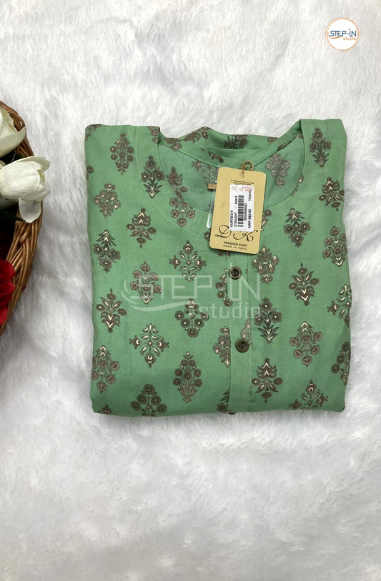 Floral Gold Printed Cotton Top - Saga Green