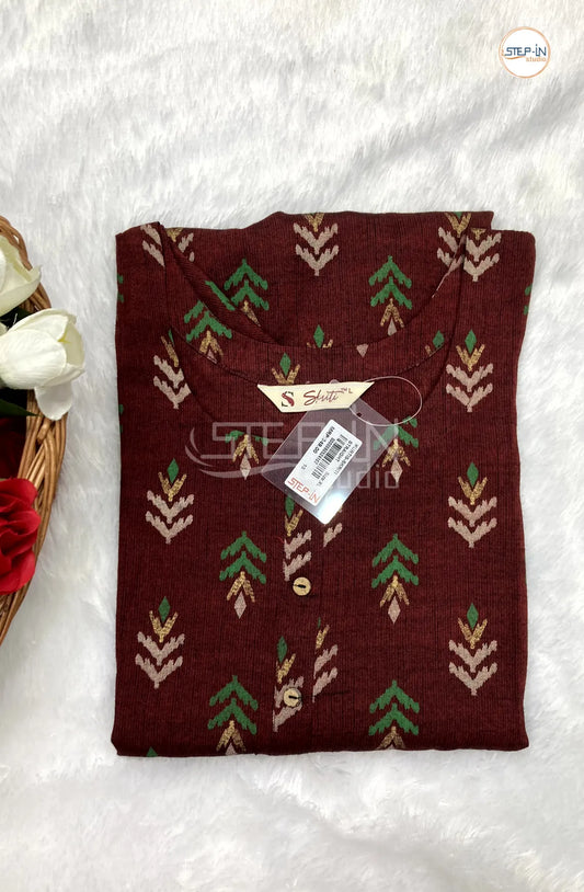 Floral Leaf Printed Cotton Top - Dark Maroon