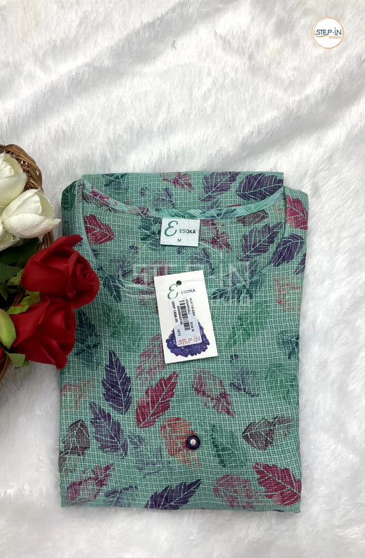 Floral Leaf Printed Cotton Top - Sea Green