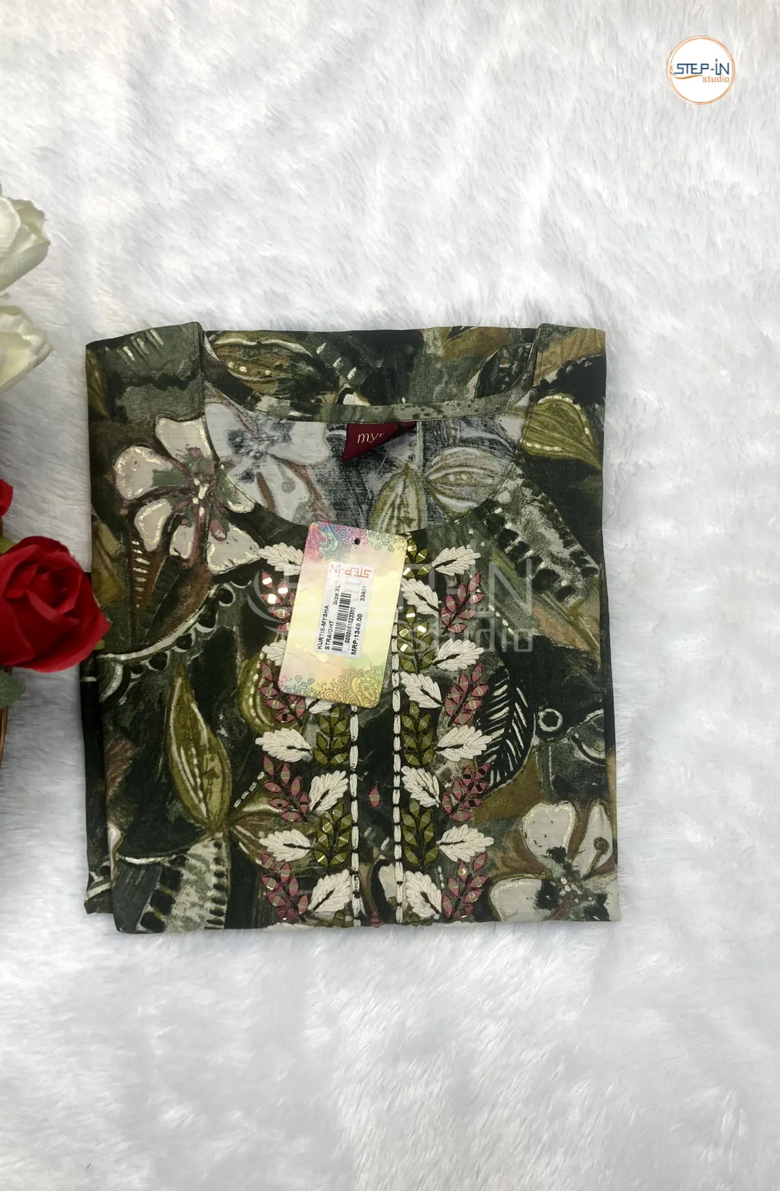 Floral Leaf Printed Mirror Work Top- Willow & Dark Green