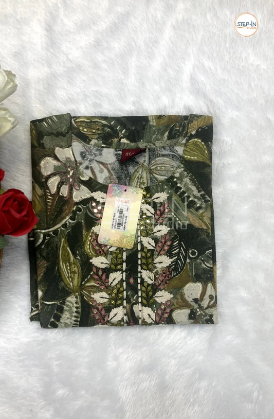 Floral Leaf Printed Mirror Work Top- Willow & Dark Green