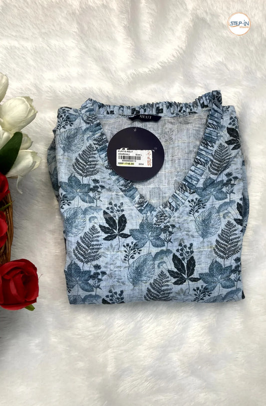 Floral Leaf Printed Neck Work Top-Topaz Blue
