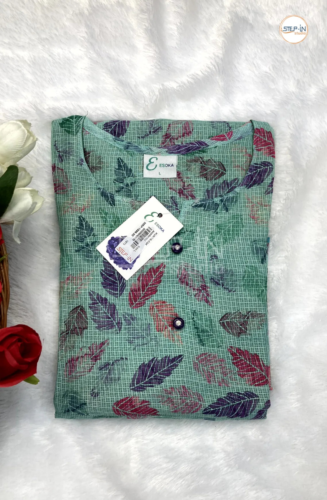 Floral Leaf Printed Top - Dark Mint Green