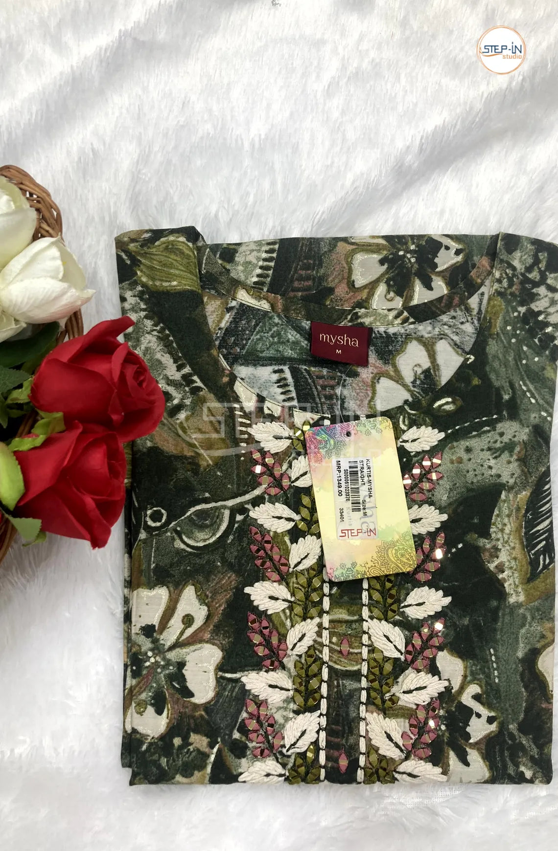 Floral Neck Mirror Work Top -  Dark Green