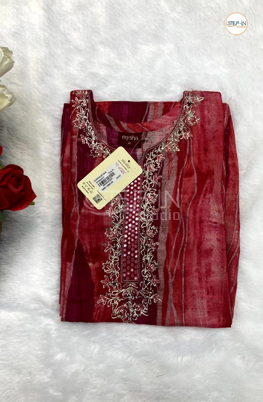 Floral Neck Mirror Work kurti- Red & Maroon