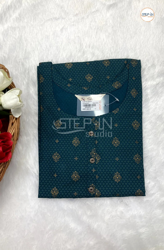 Floral Ogee Printed Cotton Top - Forest Green