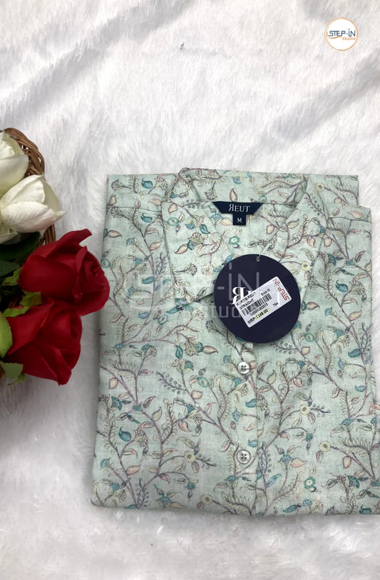 Floral Printed Collor Neck Top - Ice Mint