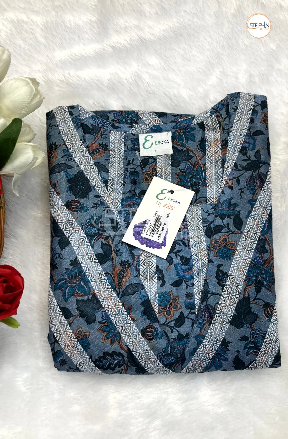 Floral Printed CottonTop - White &  Blue