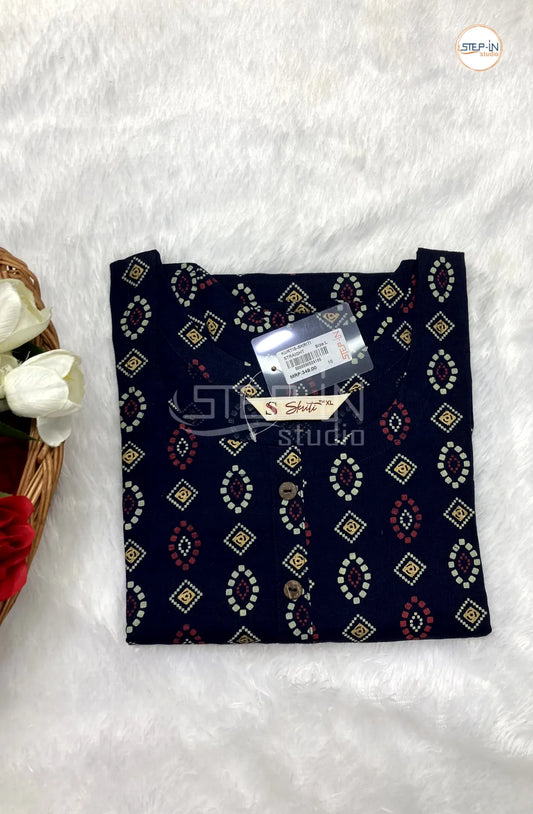 Floral Printed Cotton Top - Dark Navy Blue & Red