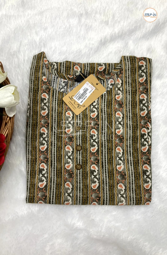 Floral Printed Cotton Top - Dark Olive Green