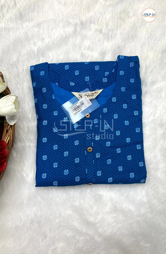 Floral Printed Cotton Top - Mid Blue